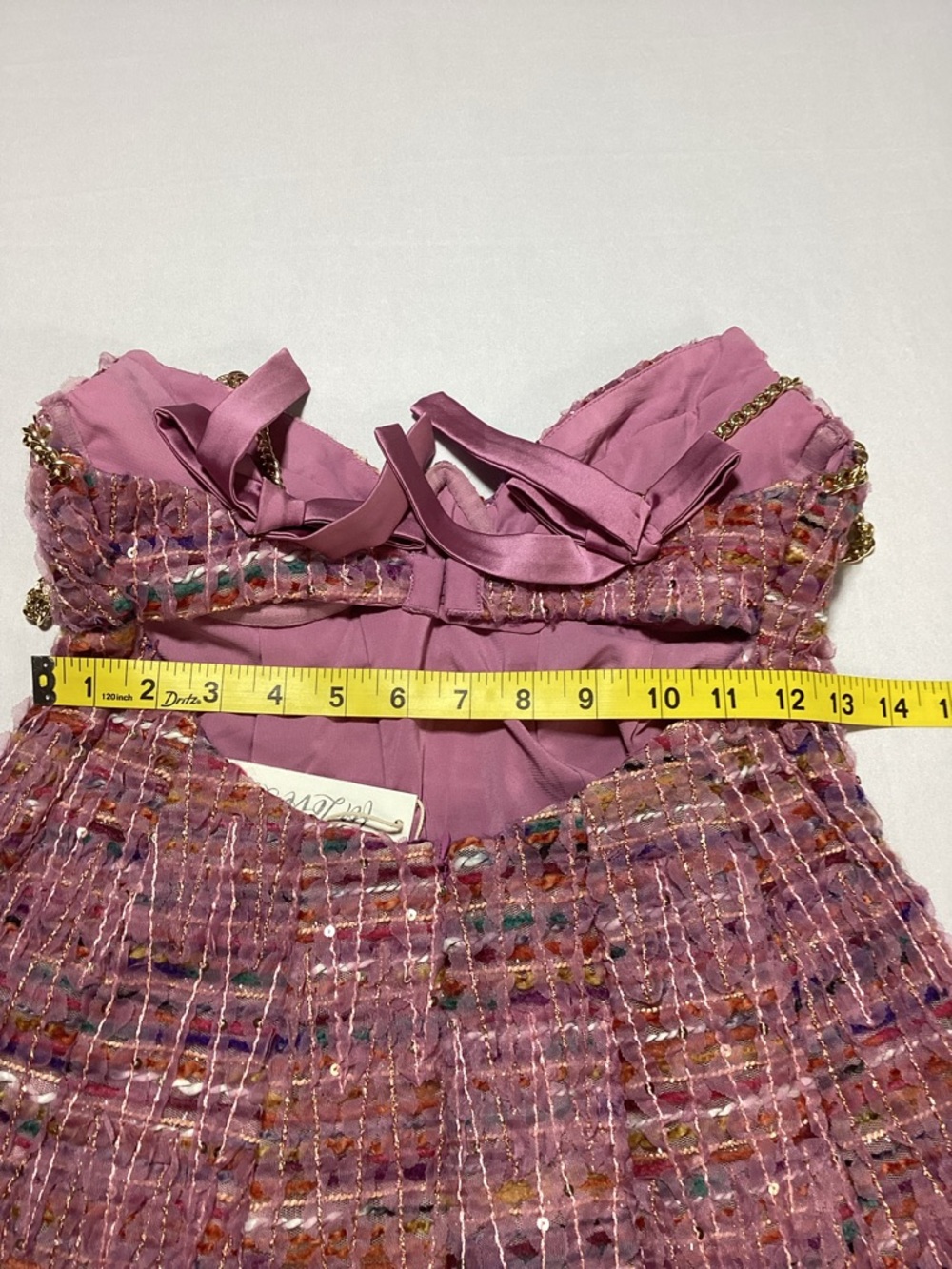 For Love & Lemons Celine Pink Tweed Mini Dress with Gold Chain Straps - Picture 14 of 14